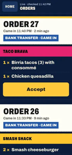 Pidi kitchen screen: order 27 waiting to be accepted