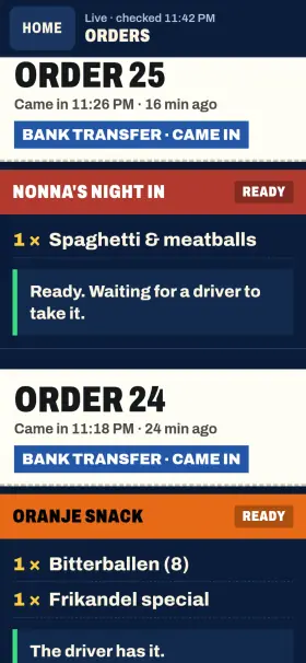 Pidi kitchen screen: two orders ready, waiting for a driver